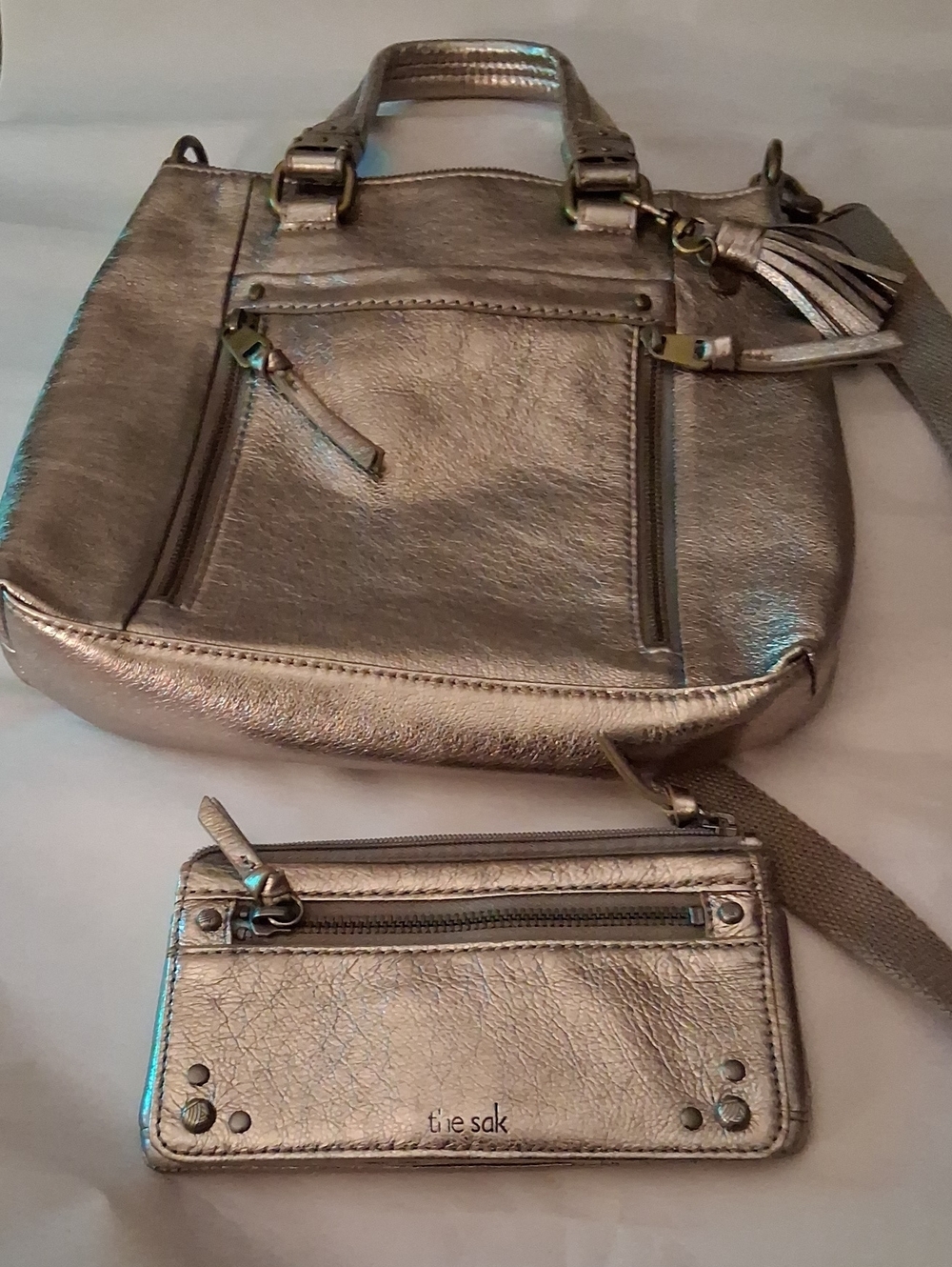 The Sak Metallic Gold Handbag & Crossbody with Matching Zip Wallet
